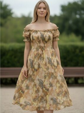 art class Off-Shoulder Midi Dress in Mustard and Olive Leaf Print
